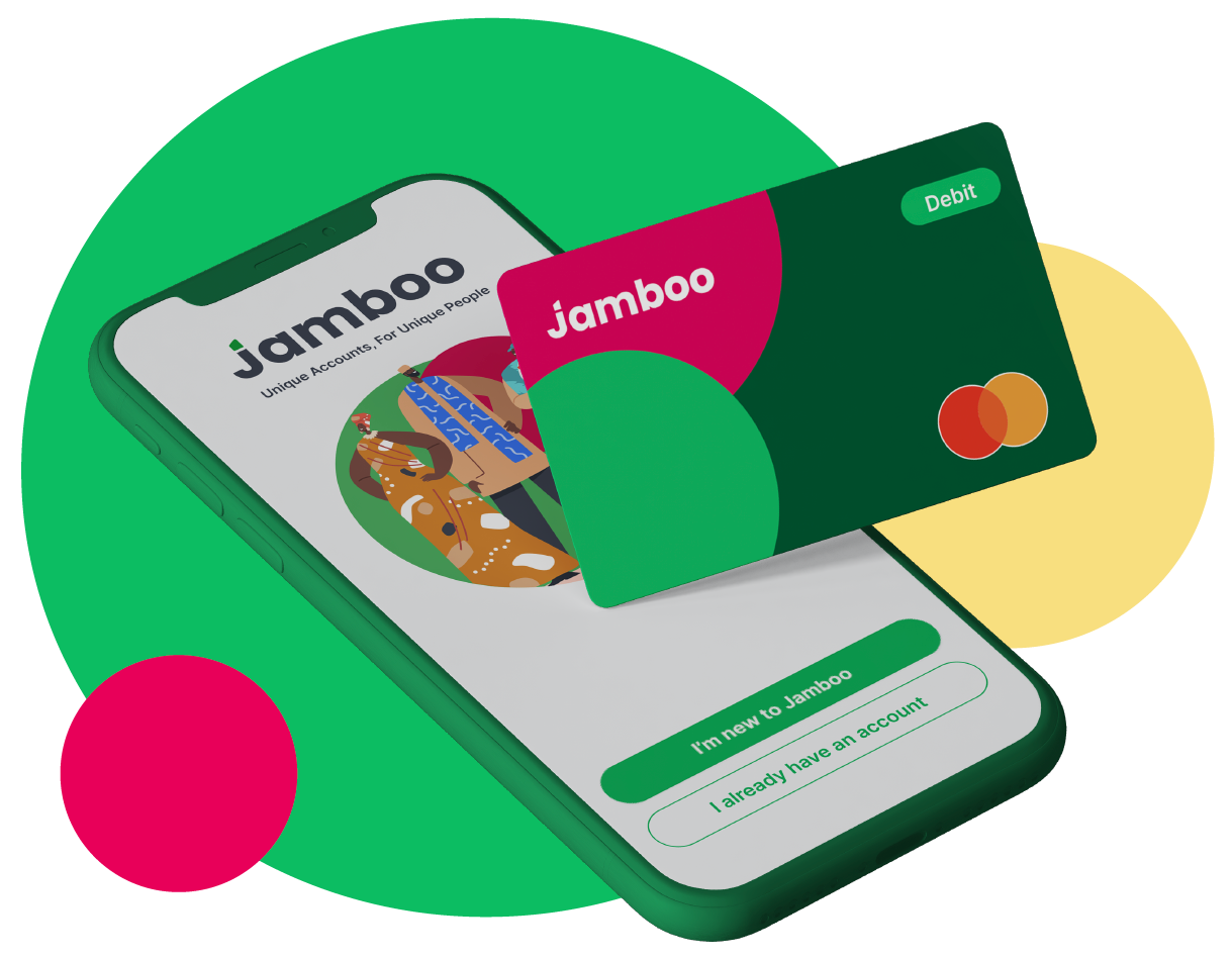 Login screen to the Jamboo app with a custom floating virtual card